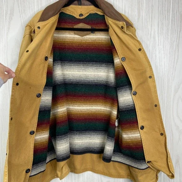 Woolrich Mens VTG Chore Jacket Tan Canvas Leather Collar Striped Lined L - Picture 5 of 9